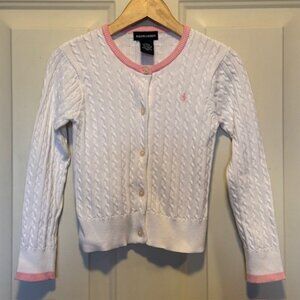 Ralph Lauren White Pink Cable Knit Cardigan Sweater sz 5